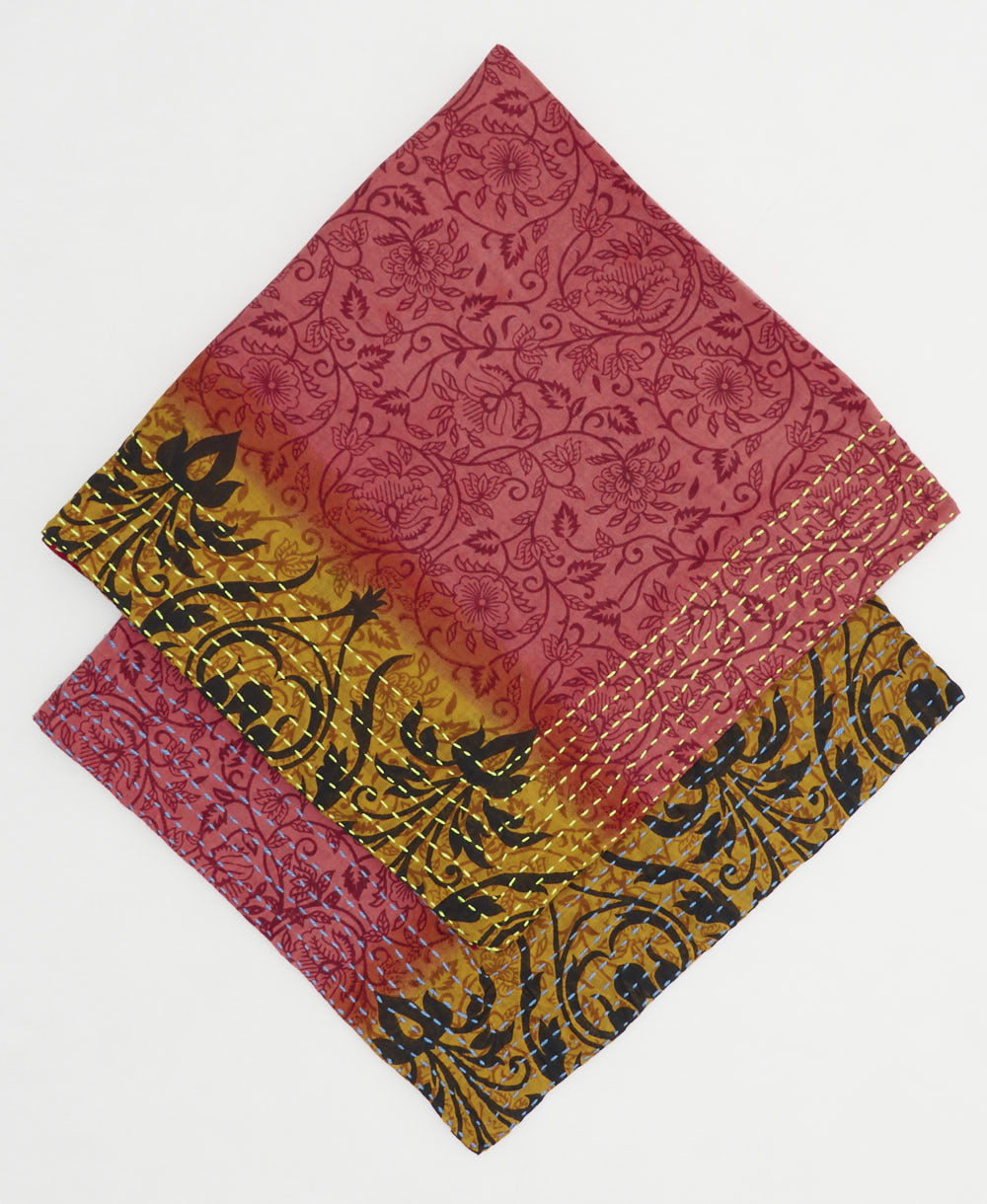 embroidered bandana made from vintage cotton saris in red & pink floral print