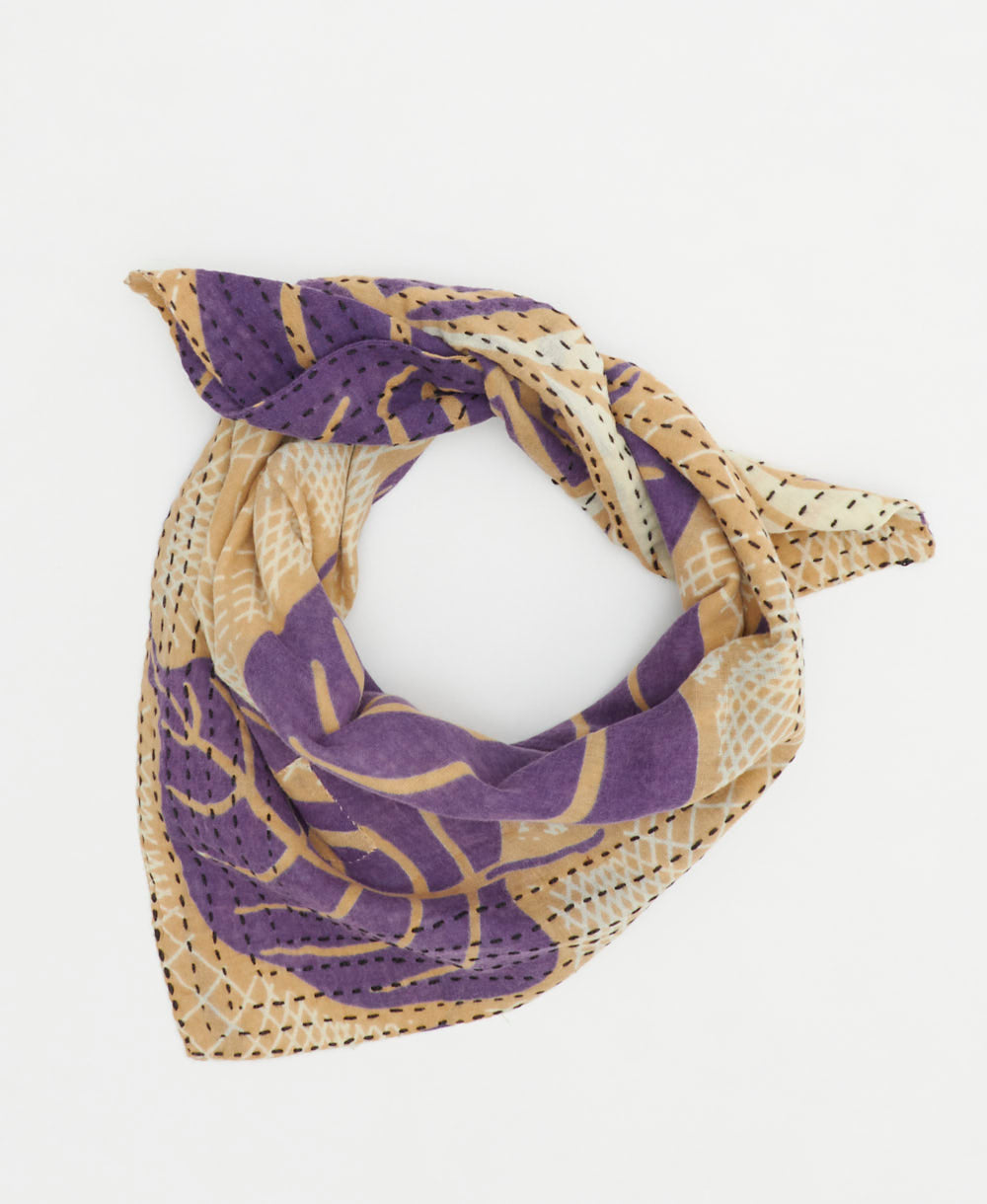 embroidered bandana made from vintage cotton saris in tan & eggplant purple abstract print