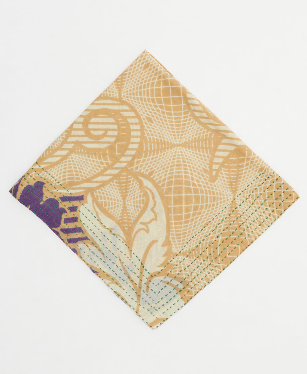 sandy tan neckerchief with eggplant purple abstract floral print handmade in India from vintage cotton saris