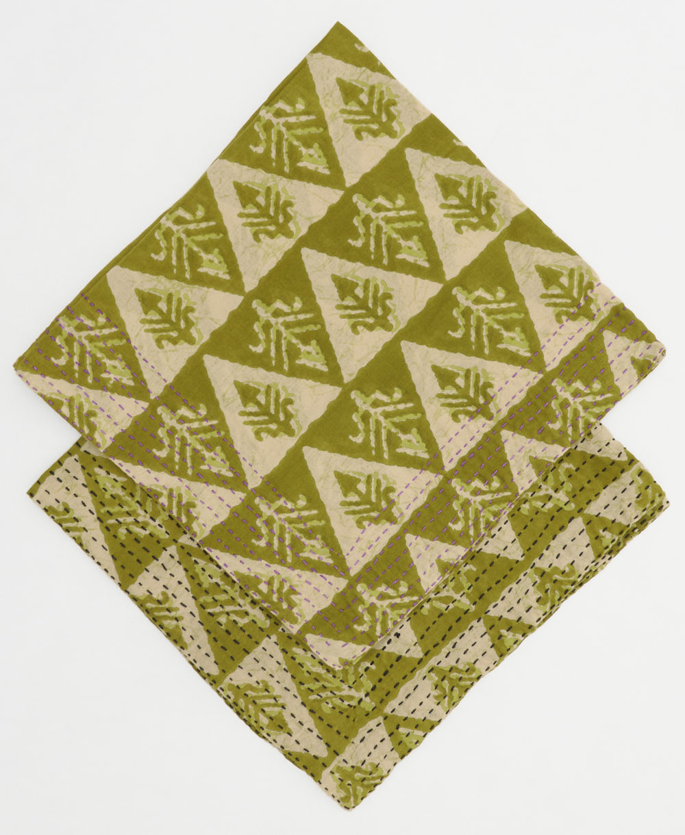 embroidered bandana made from vintage cotton saris in olive green and ivory graphic diamond print