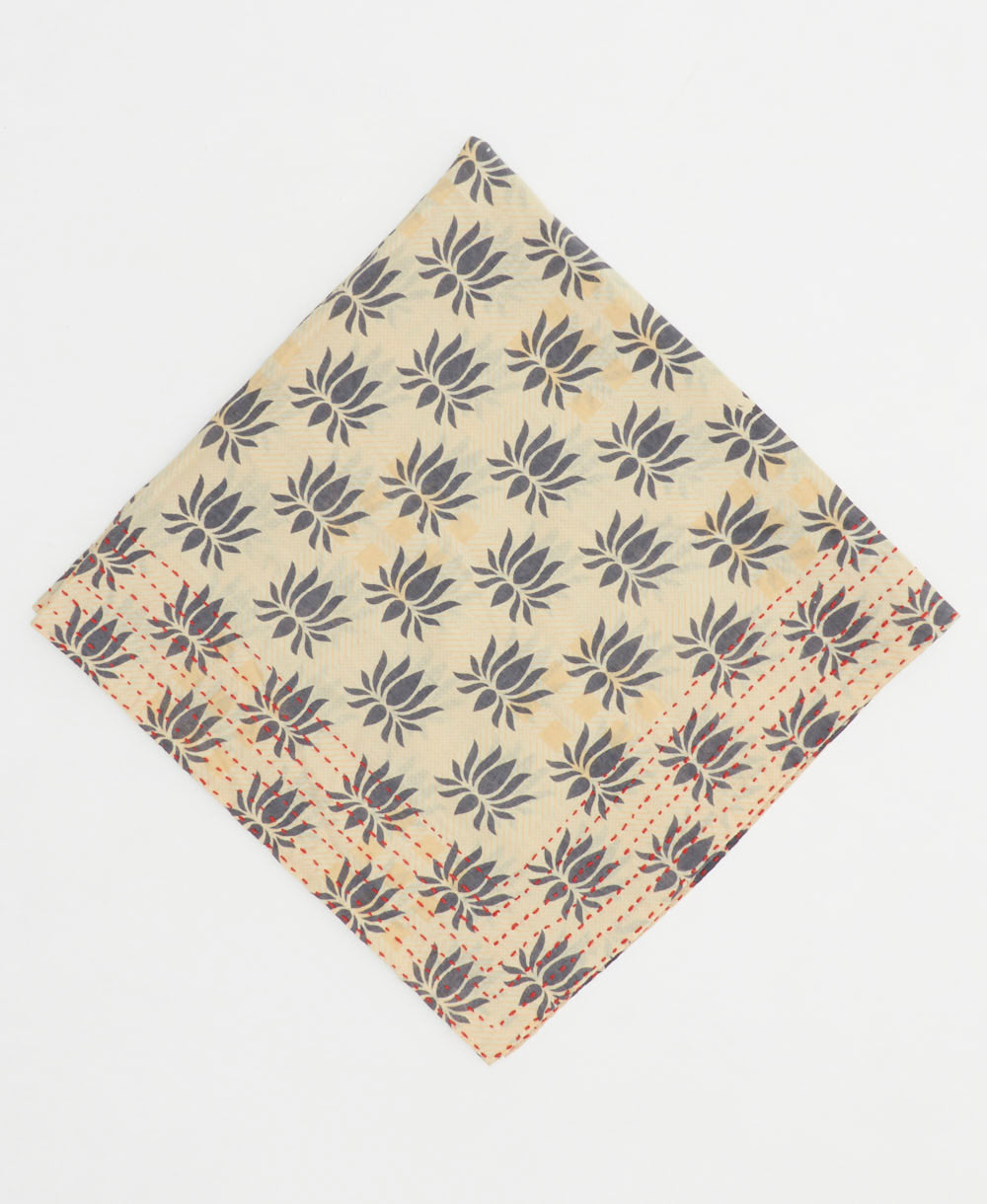 ivory & denim blue neckerchief with bold floral print handmade in India from vintage cotton saris