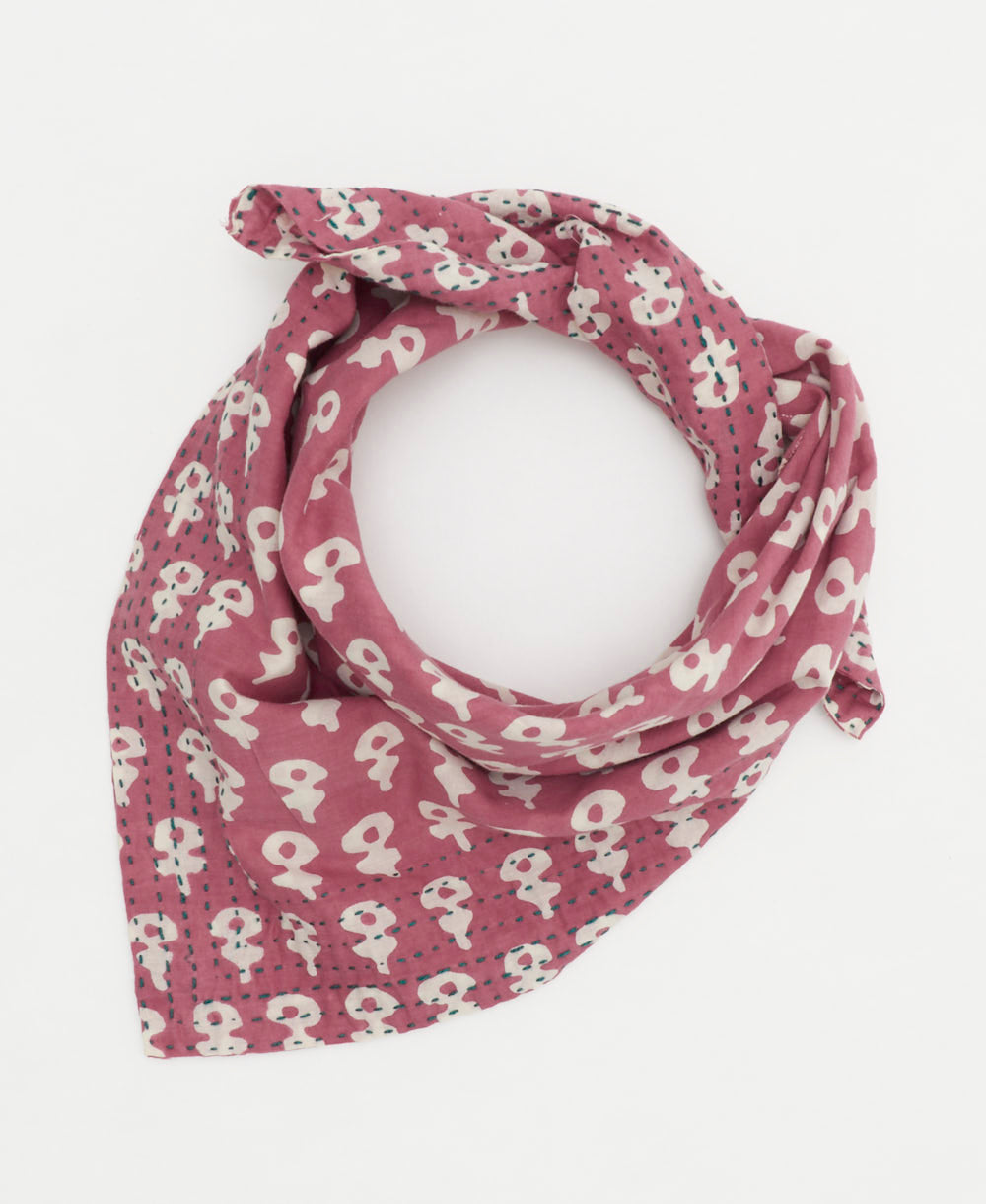 mauve bandana scarf with white abstract floral print handmade from vintage cotton saris