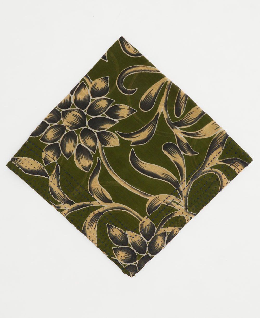 hunter green cotton bandana with an oversized tan and navy floral print