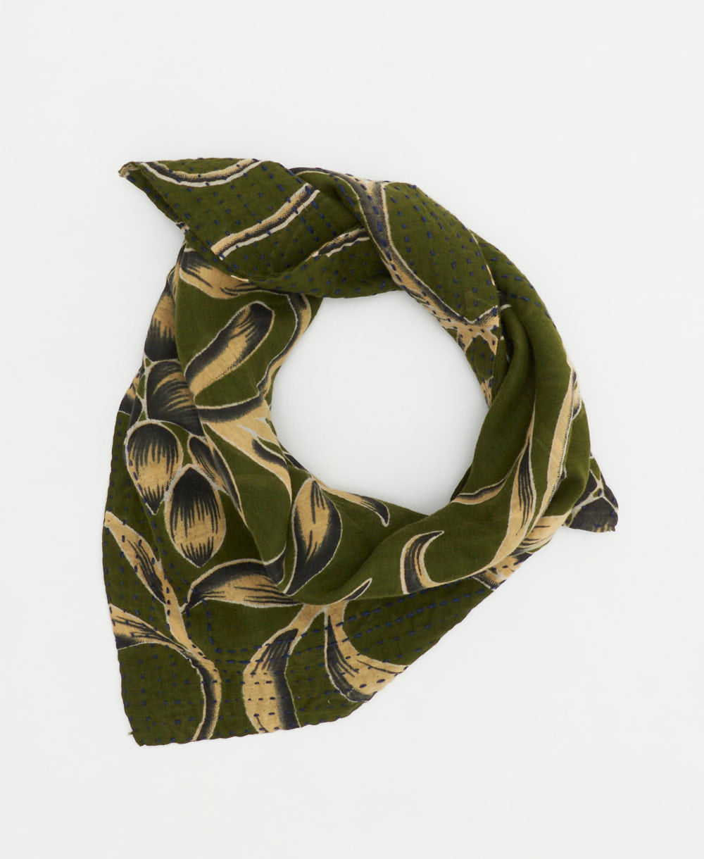 handmade bandana scarf in dark green made from one-of-a-kind vintage saris in India