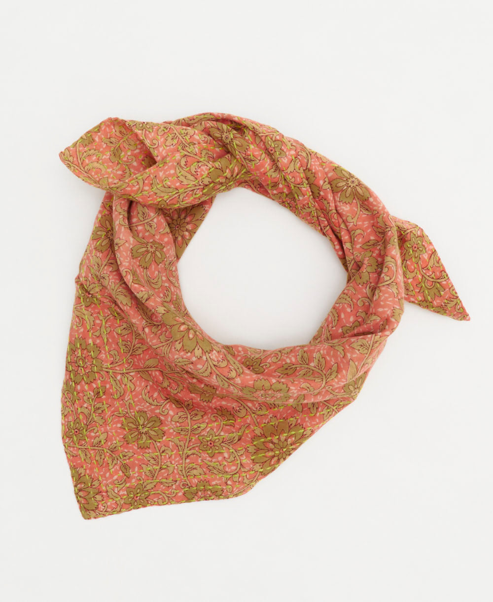 vintage bandana scarf made from coral and tan floral upcycled cotton saris in India