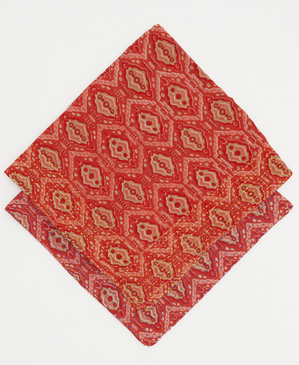 handmade bandana in vintage red and pink diamond print made by artisans in India