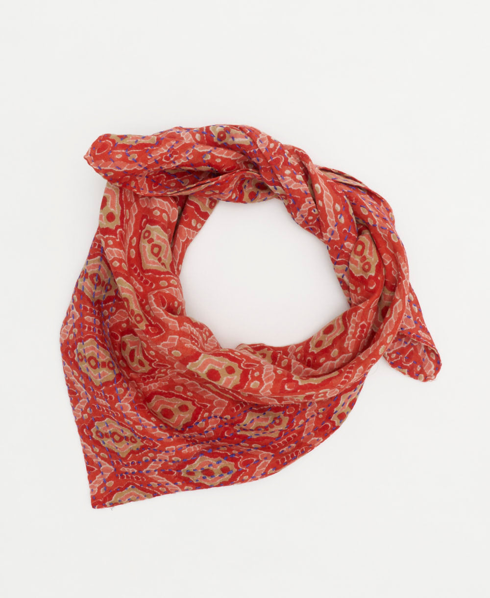 vintage red bandana scarf with a pink diamond print made in India from upcycled saris