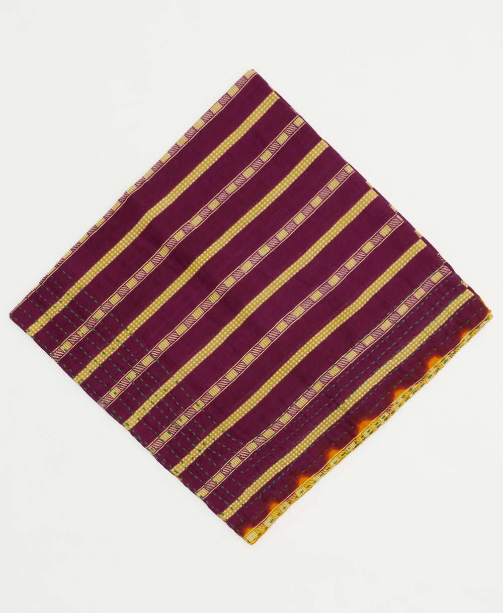 eggplant purple cotton bandana with tan geometric stripes design handmade from vintage saris in India