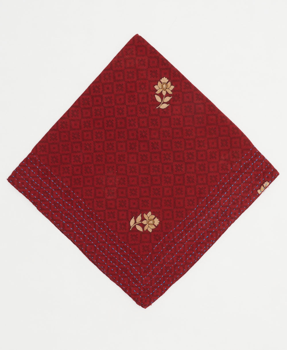 crimson red cotton bandana with black subtle diamond print and bold tan florals