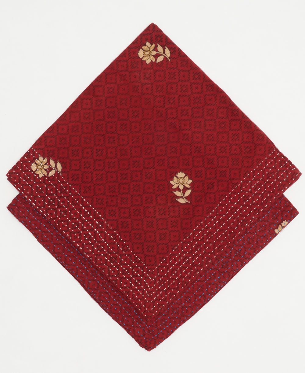 crimson red vintage bandana with hand-embroidered edges handmade from vintage cotton saris in India