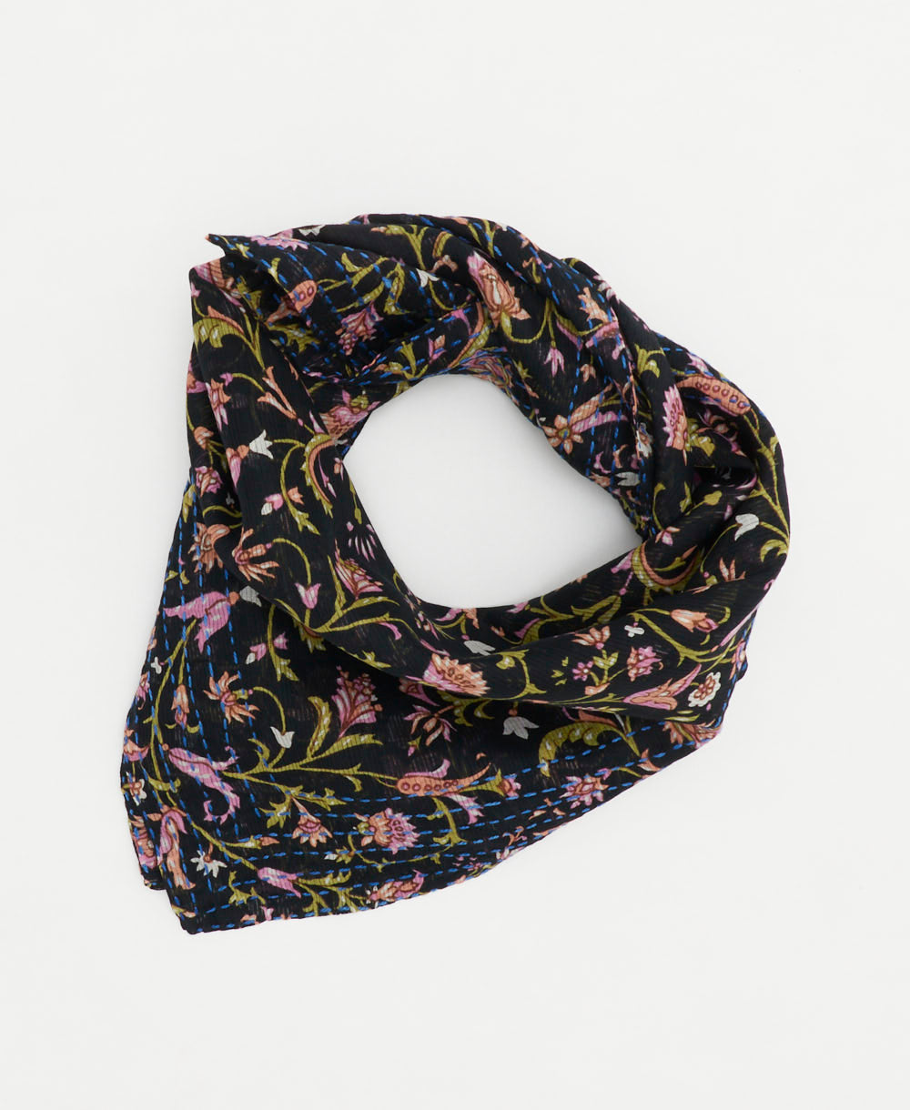 vintage bandana scarf in black with pink and lime green floral print made from vintage cotton saris in India