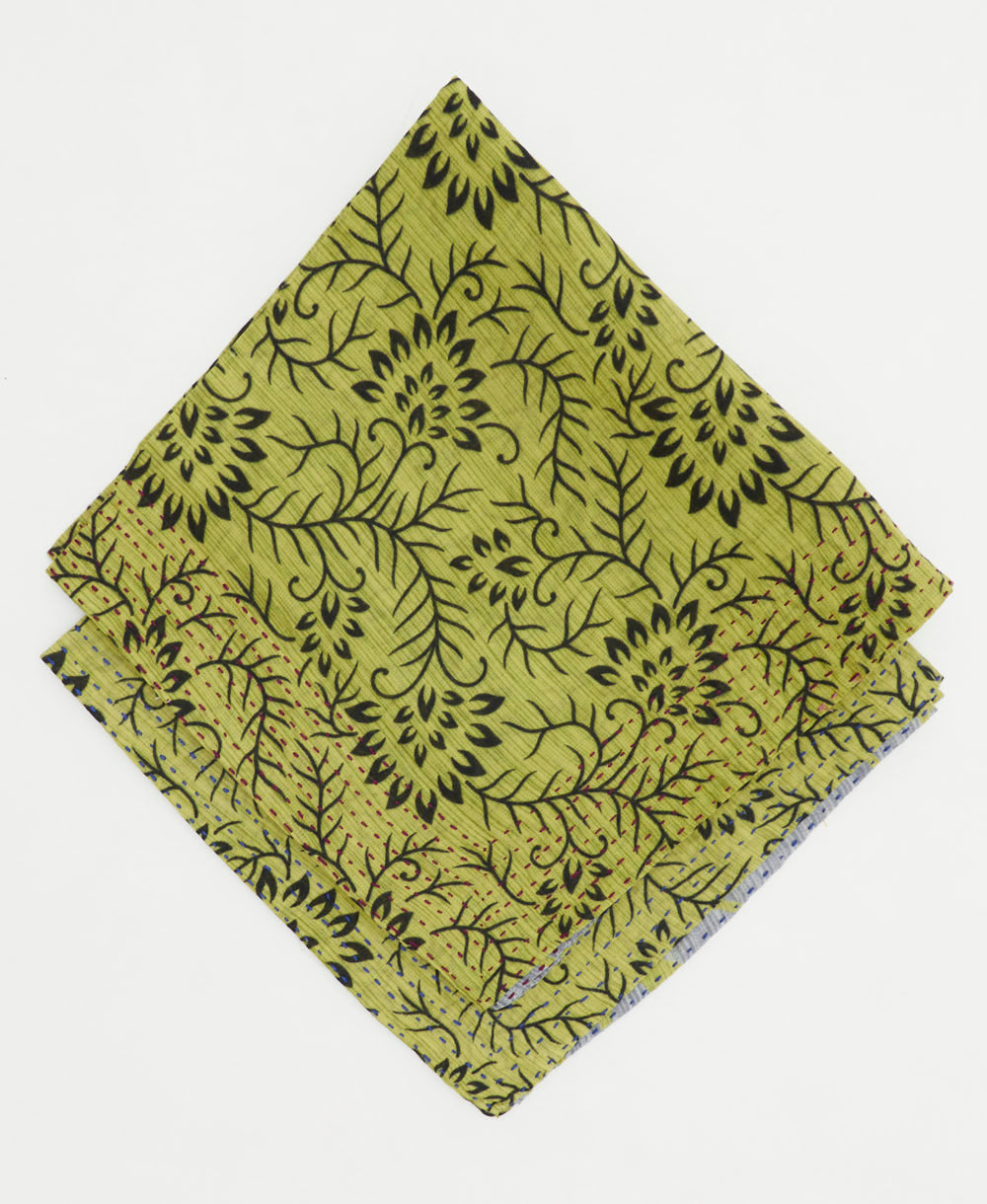 lime green vintage bandana with black and grey floral accents and kantha stitching on edges