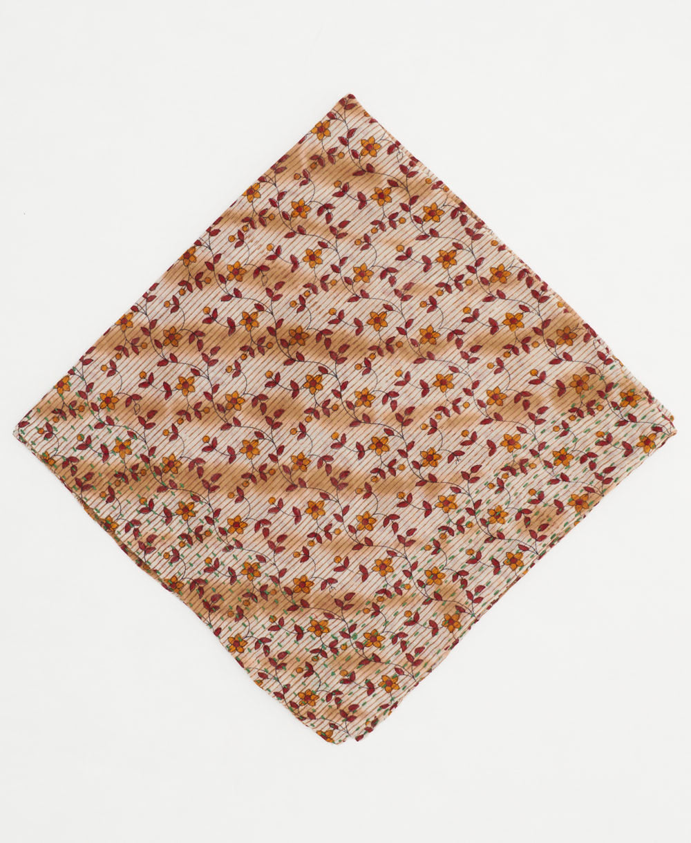 brown and white cotton bandana with red and orange vine pattern handmade in India