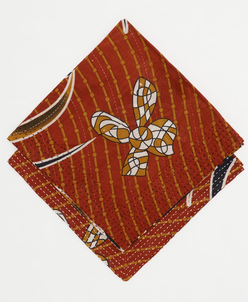 eco-friendly bandana in rust brown, mustard yellow and black abstract print