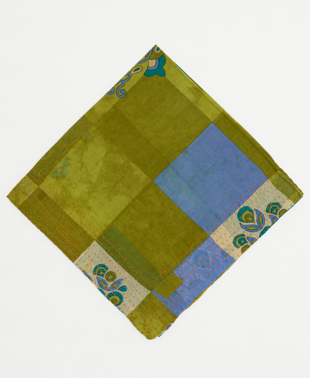 lime green cotton bandana in a checkered print with teal floral accents