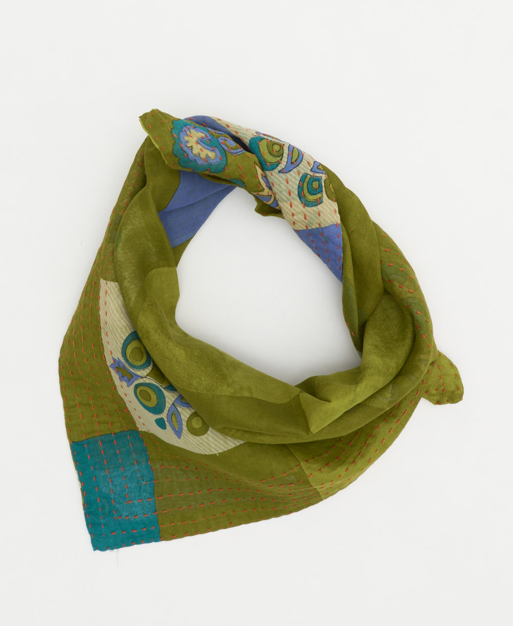 lime green checkered bandana scarf with bold teal flowers handmade in India from one-of-a-kind cotton saris