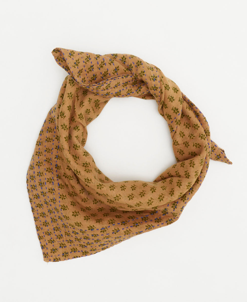 light brown bandana with small olive green floral print handmade from one-of-a-kind cotton saris