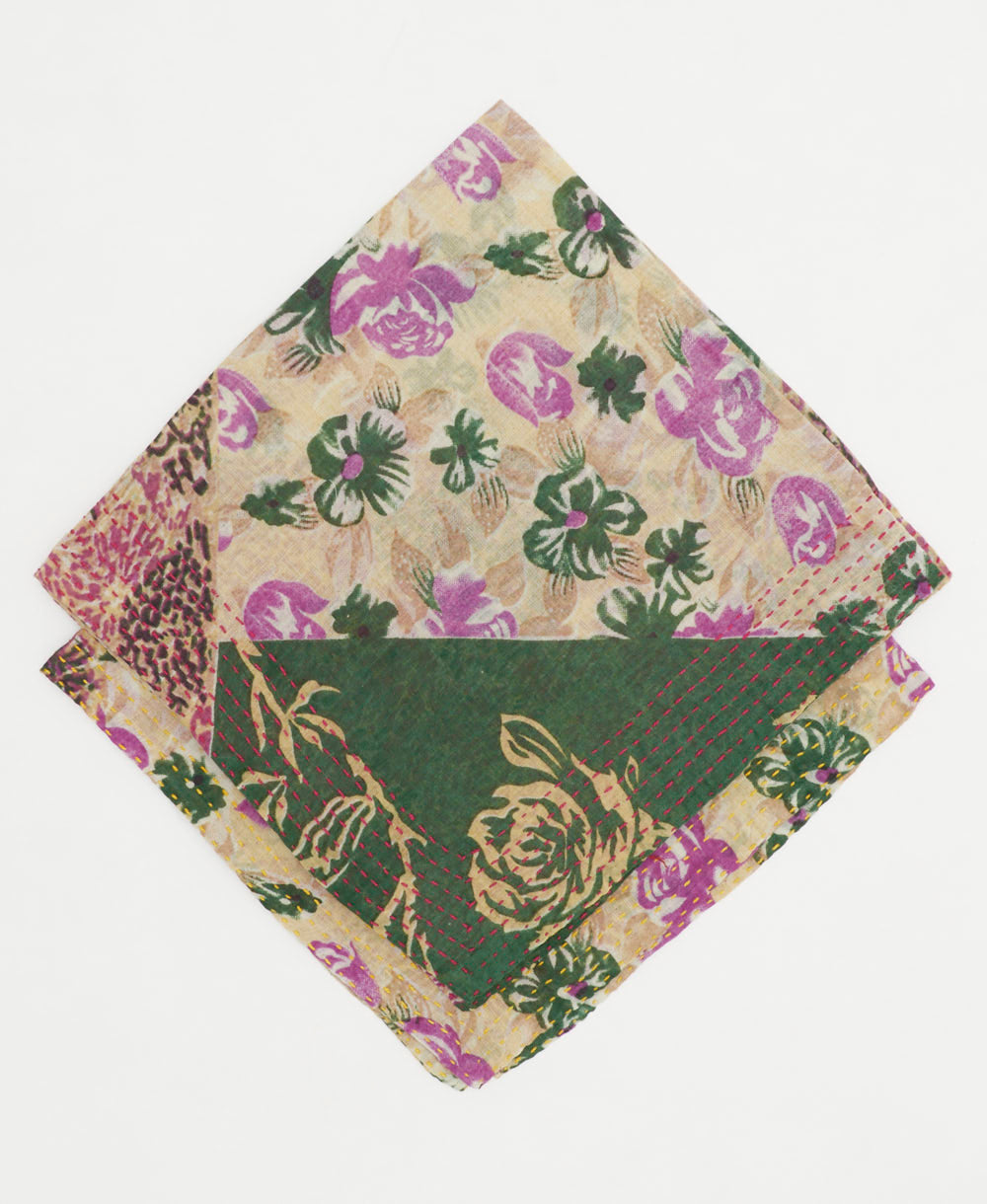 eco-friendly bandana scarf in a lilac and emerald green abstract floral print handmade in India by women