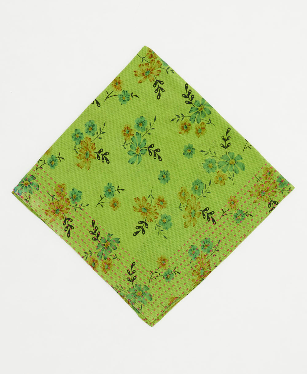 neon green cotton bandana with green floral print handmade from vintage cotton saris