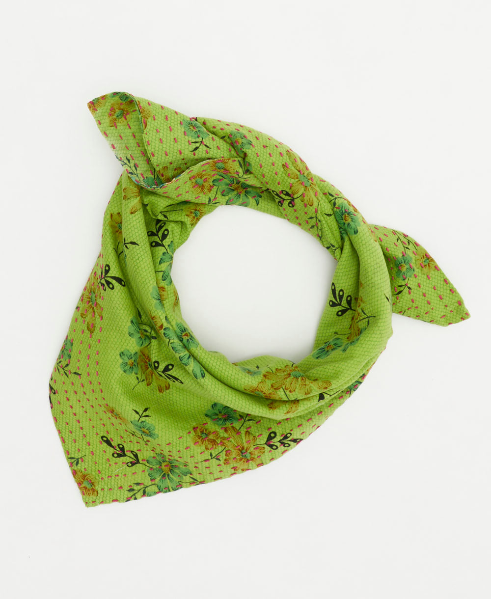 embroidered bandana in neon green floral print handmade in India by women artisans