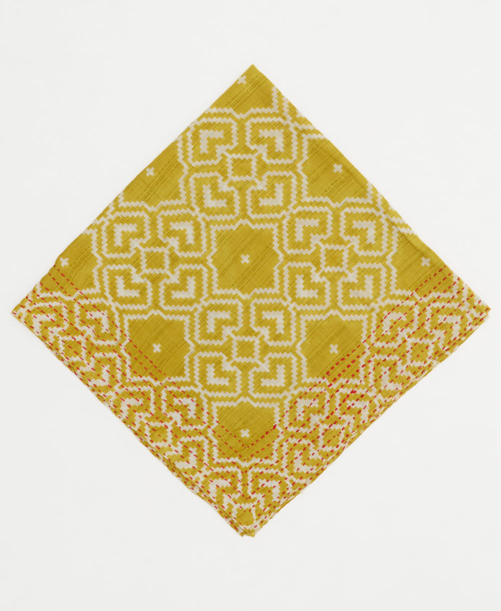 chartreuse yellow cotton bandana with white southwestern-inspired diamond print