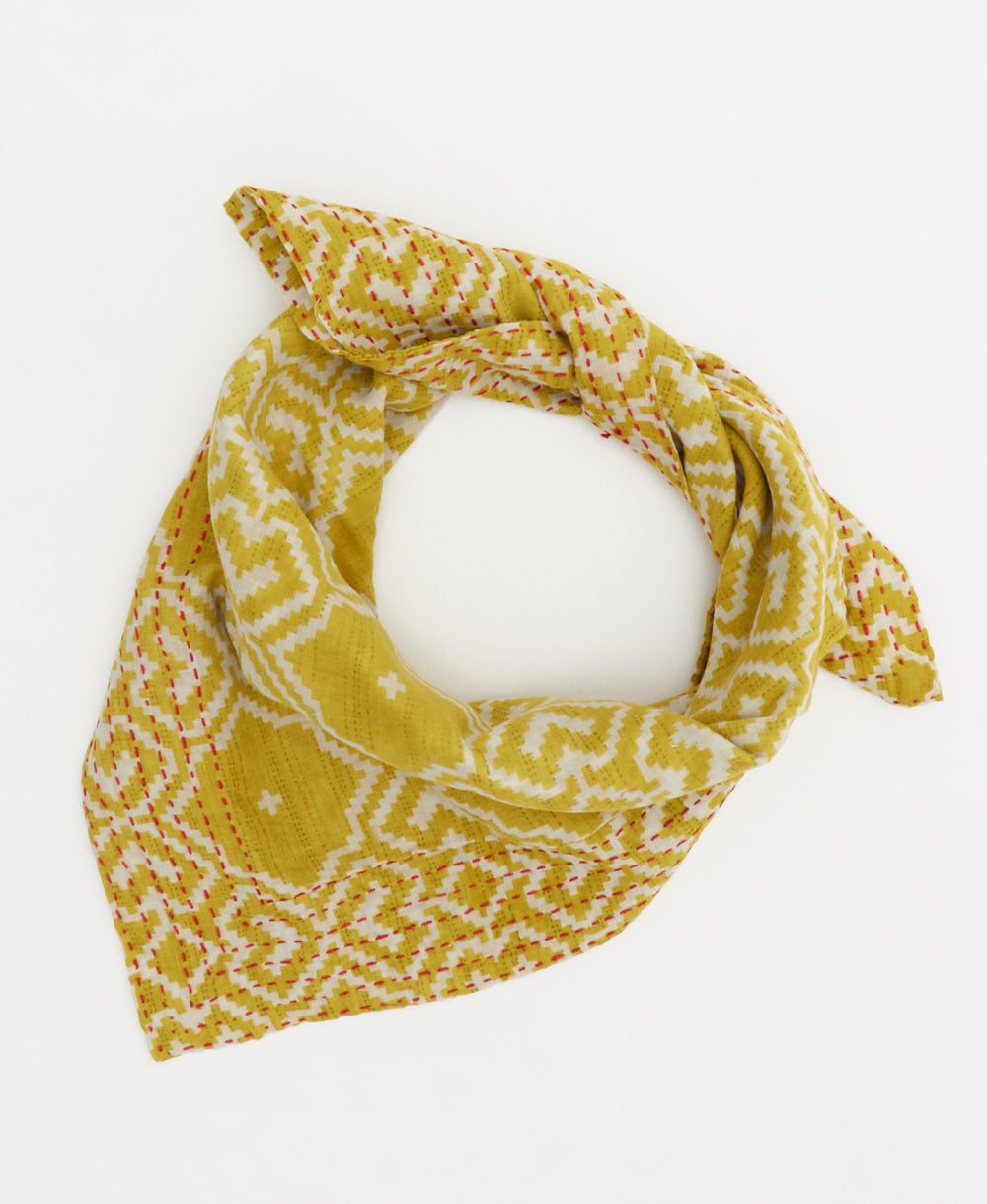 chartreuse vintage bandana with southwestern diamond print handmade in India from vintage saris