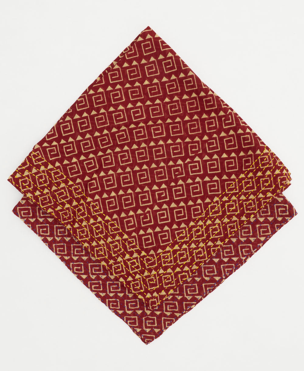 unique red bandana scarf with tan geometric pattern and hand-embroidered edges