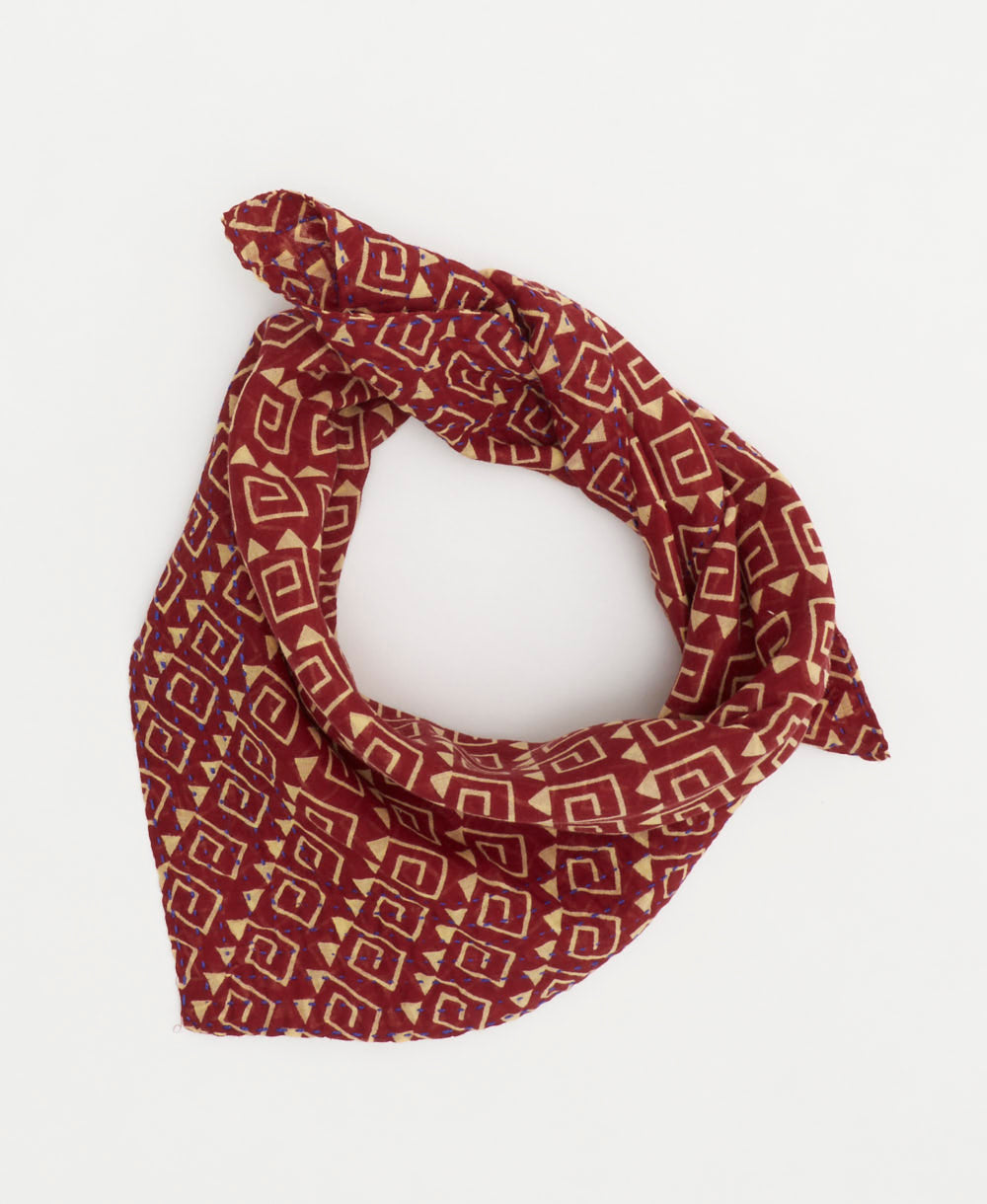 crimson red vintage bandana in tan geometric triangle print handmade in India