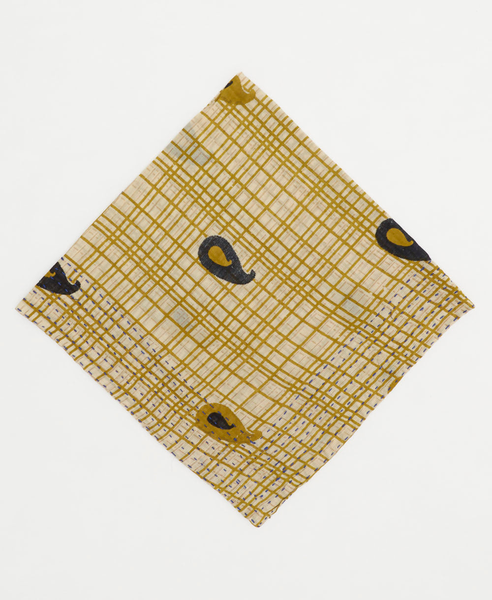 olive green cotton bandana with cross-hatch grid pattern and black paisley accents