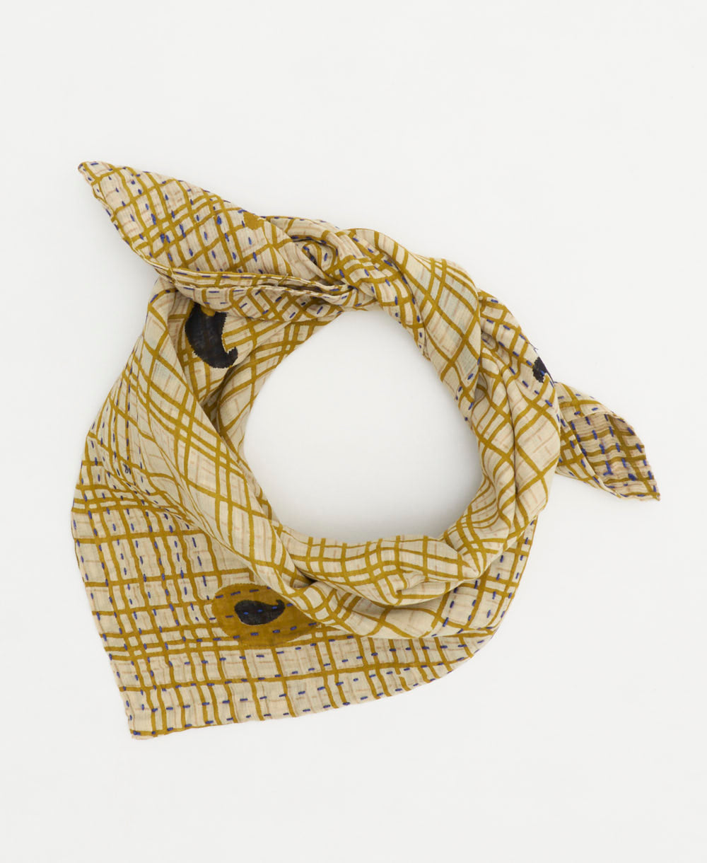 olive green vintage bandana with a grid and black paisley pattern handmade in India