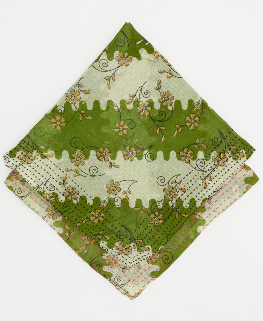 retro print green bandana scarf with tan floral accents handmade from vintage cotton saris in India