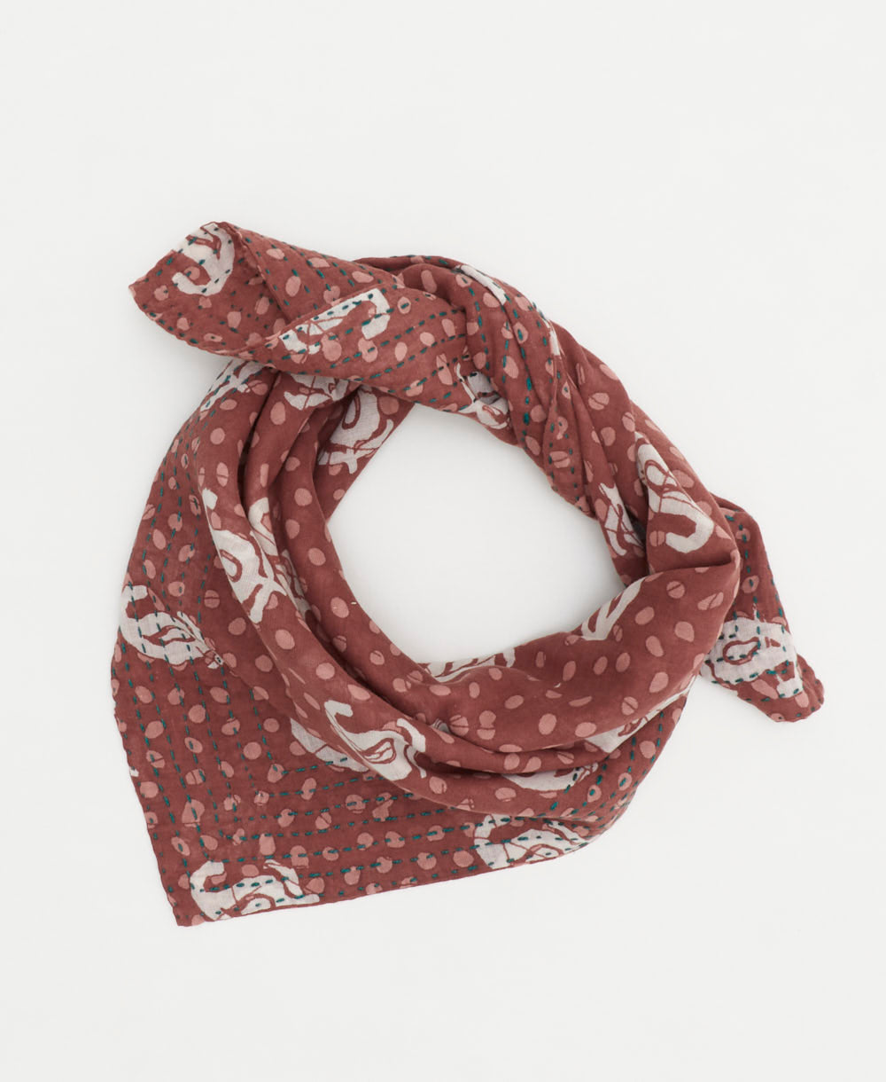 vintage bandana in mocha brown with pink polka dots and white floral accents