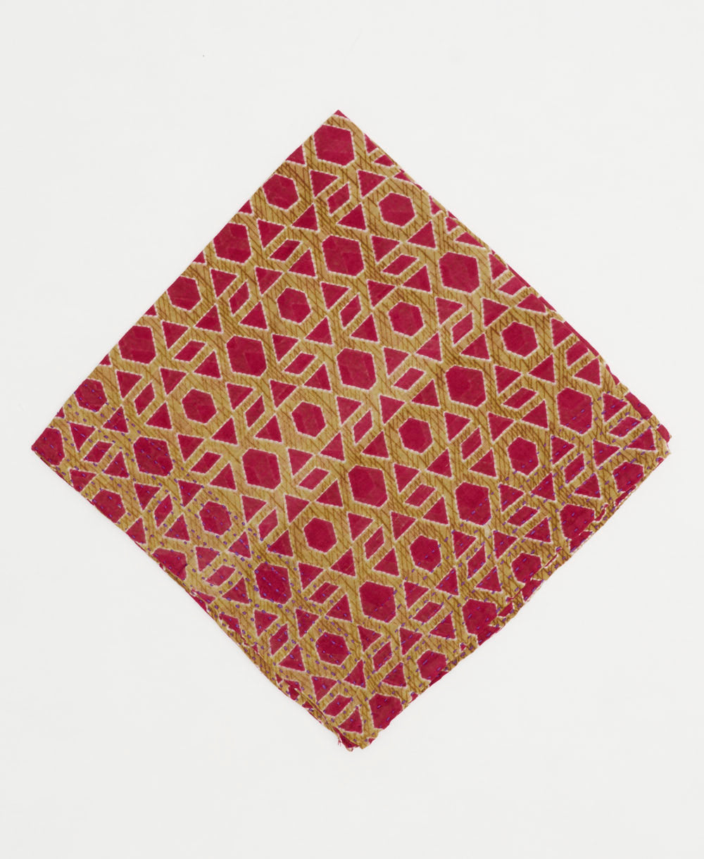 hot pink cotton bandana with tan geometric pattern handmade in India