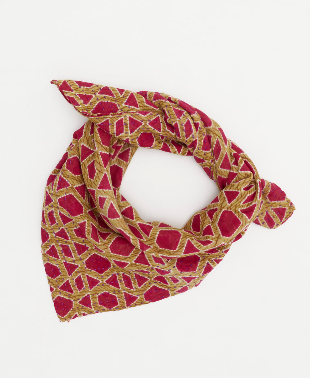 hot pink and tan geometric bandana scarf with hand-embroidered edges