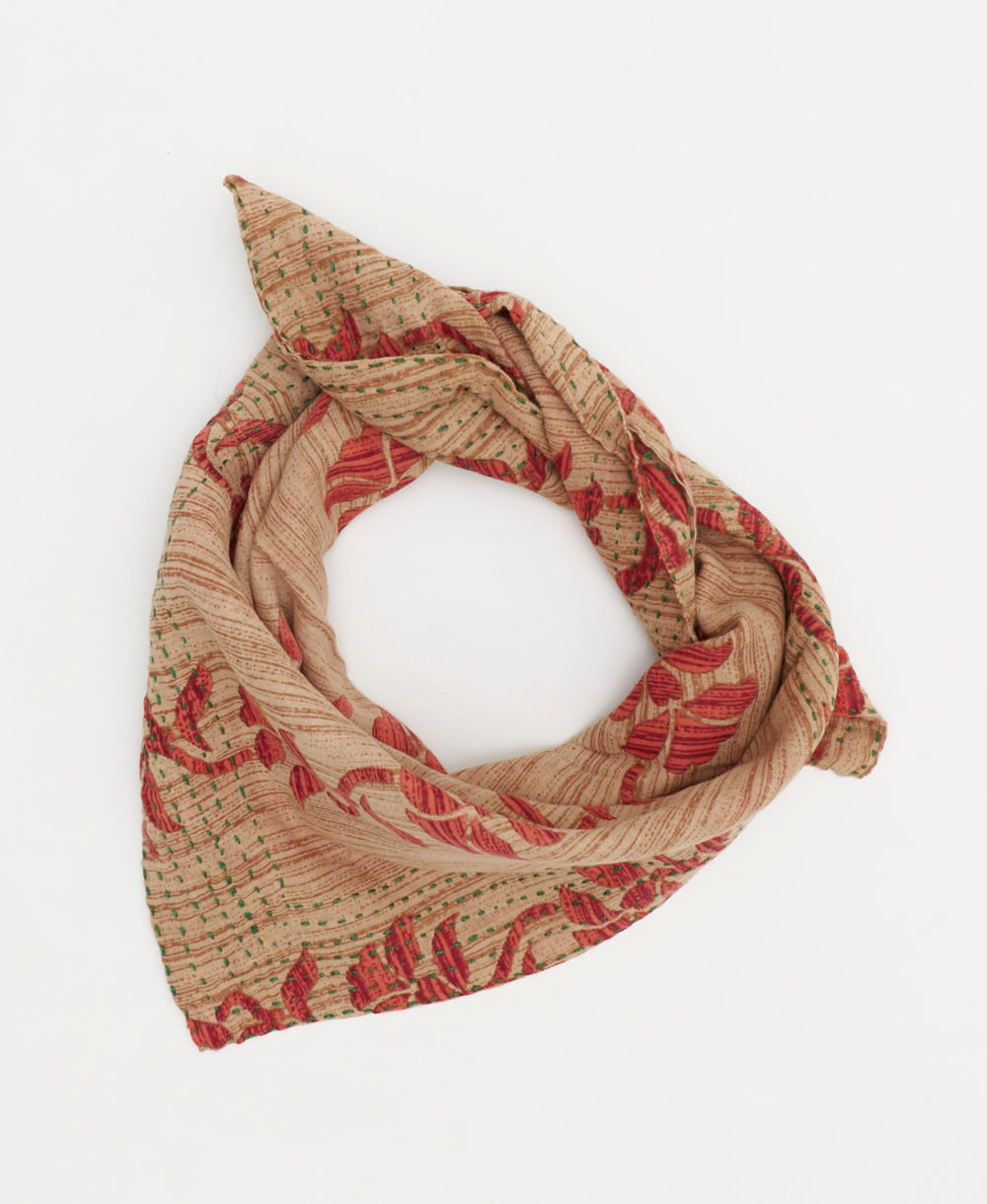 tan bandana scarf with striped coral floral pattern made from vintage cotton saris in India