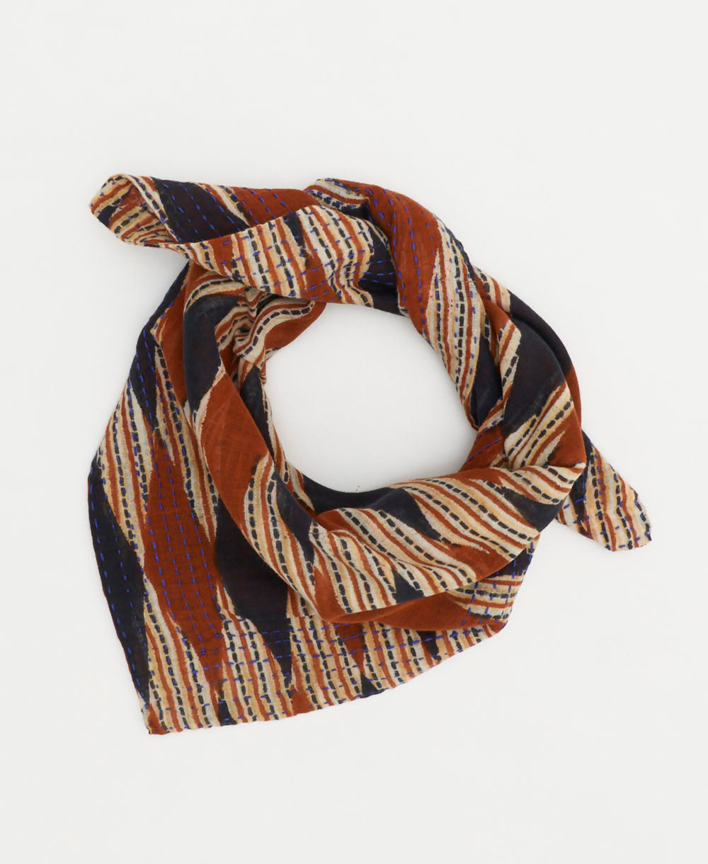 ethically made cotton bandana scarf with rust and navy diamond print