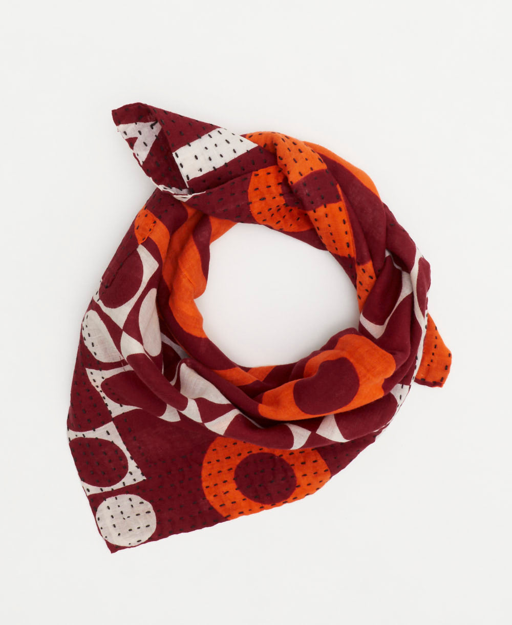 orange and maroon vintage bandana in an abstract geometric print