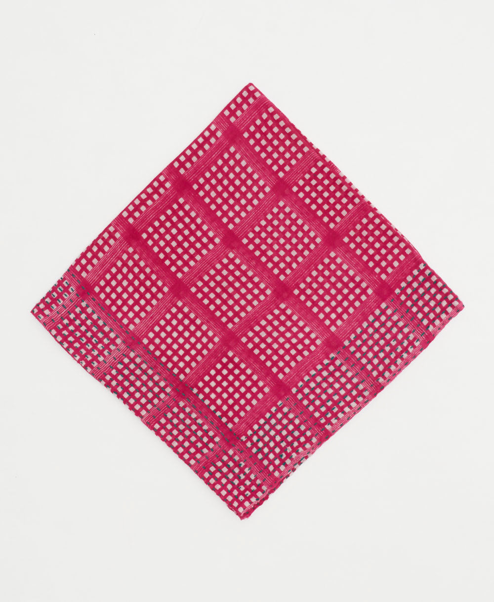 hot pink and white grid cotton bandana handmade in India from vintage cotton saris