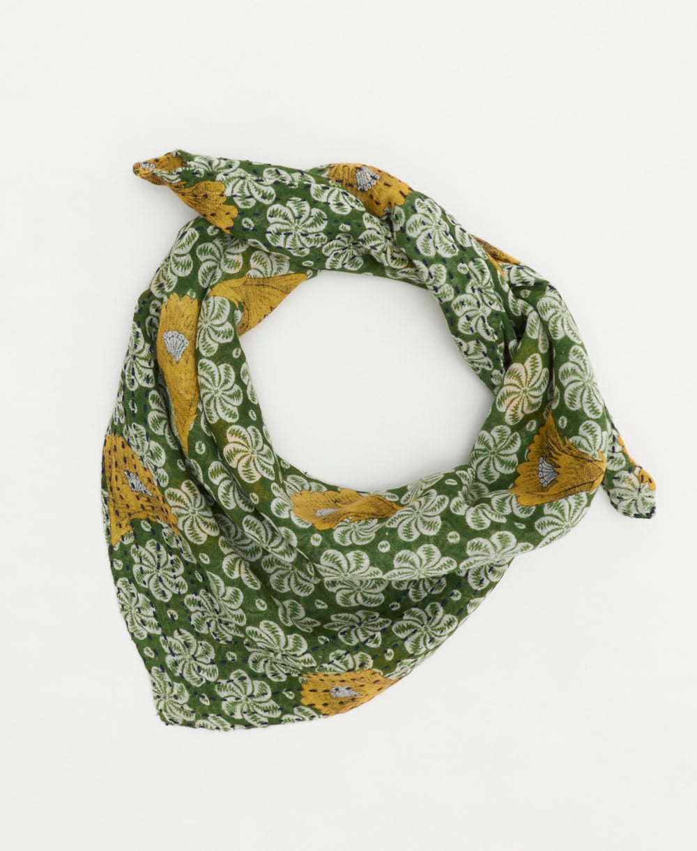 green vintage bandana with white and mustard yellow floral print