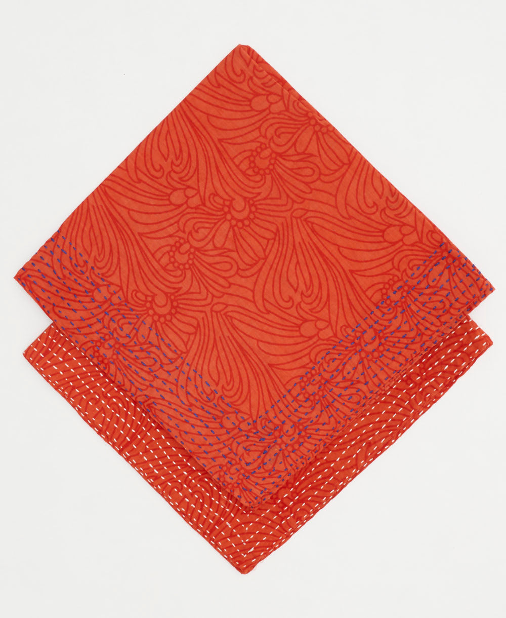 embroidered red bandana scarf with subtle cherry red floral print