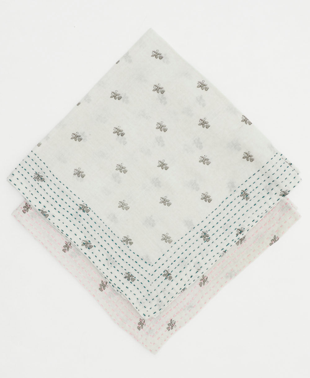 grey floral ivory bandana scarf with hand-stitched embroidered edges