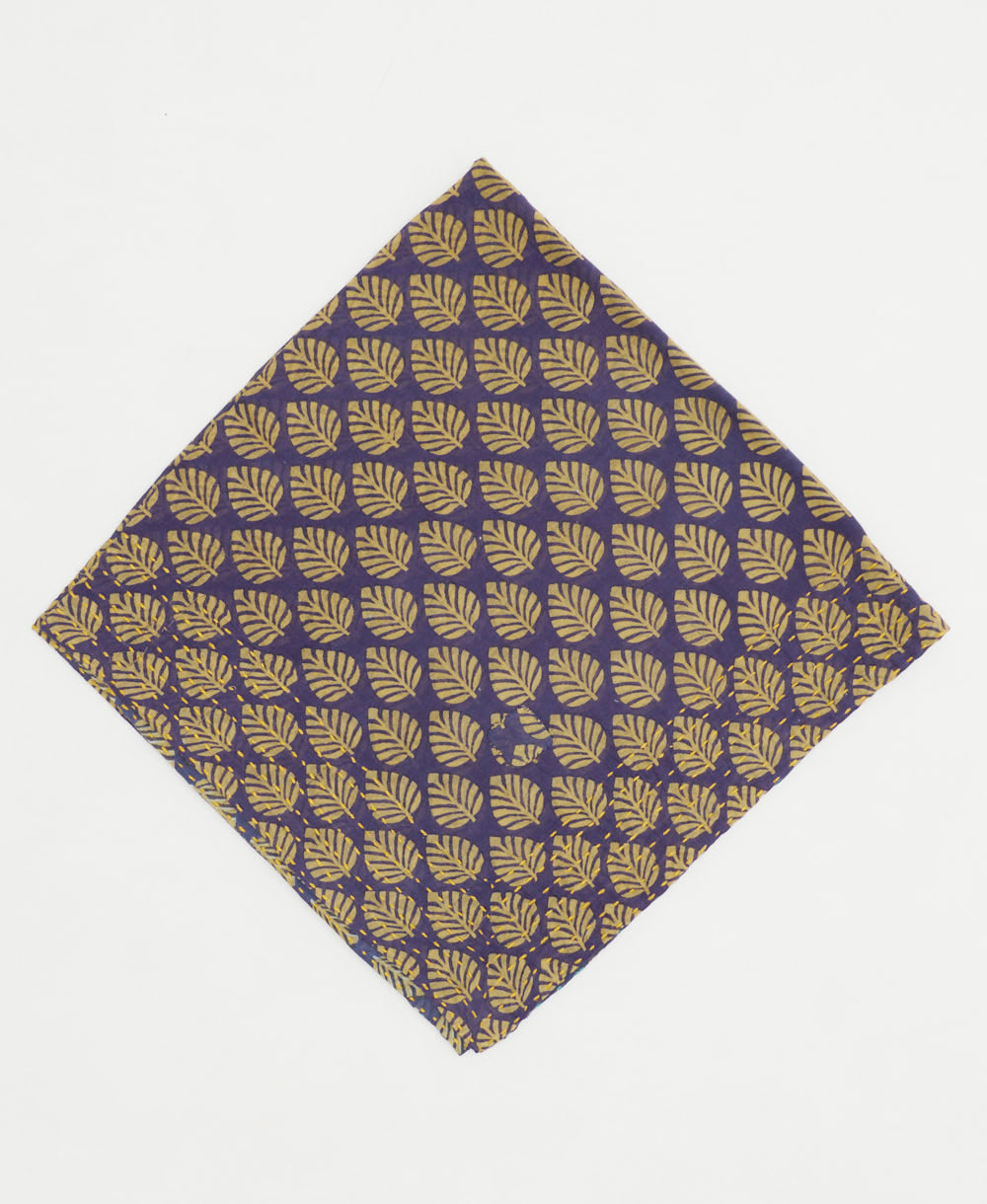 purple vintage bandana with tan fern leaf print and embroidered edges