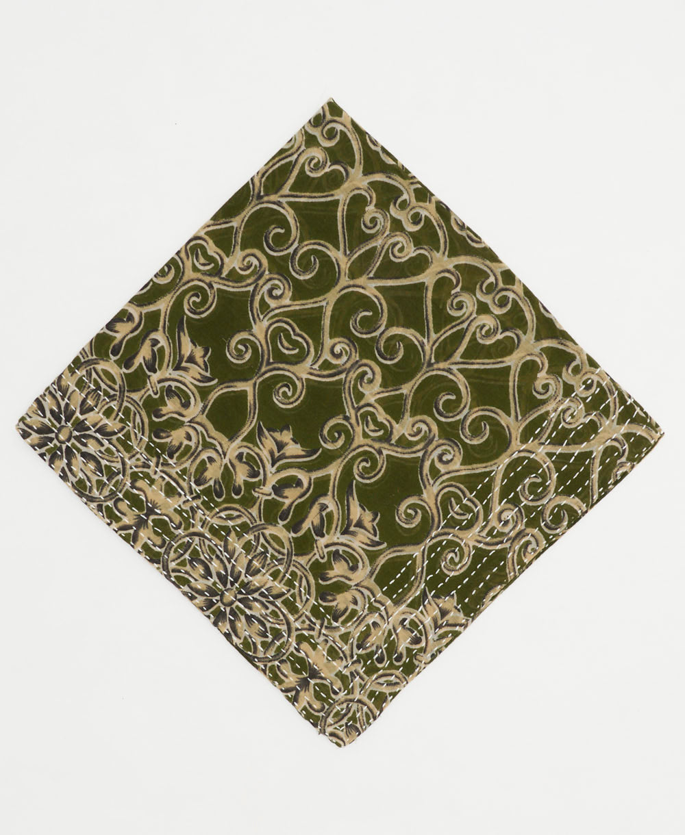 hunter green and pale yellow cotton bandana in abstract print