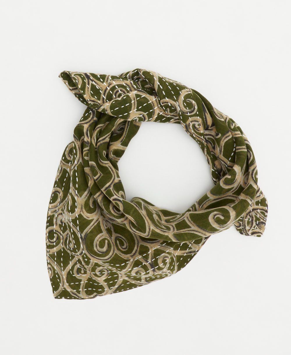 green vintage bandana with pale yellow abstract print