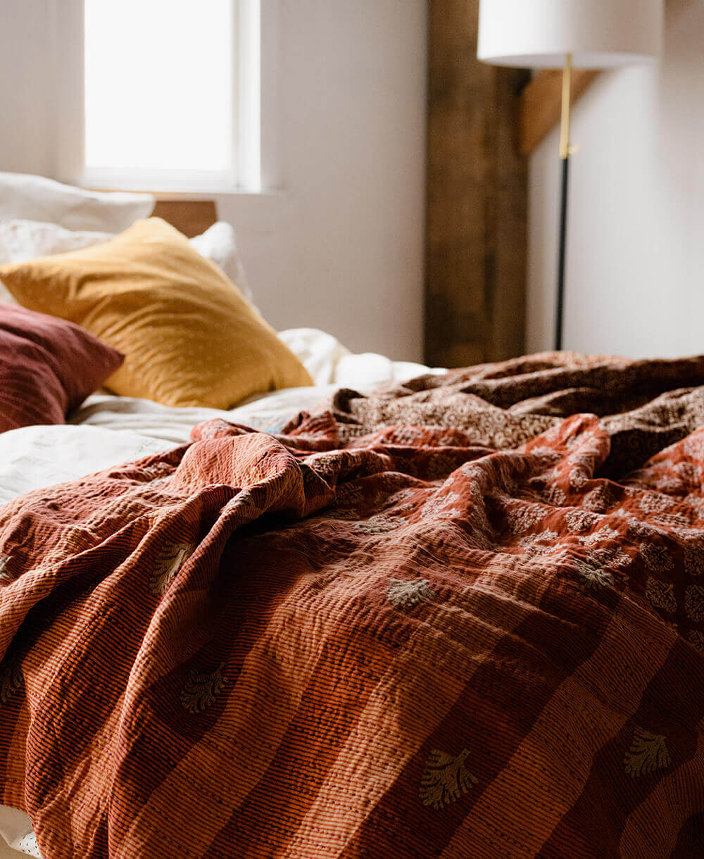 rust kantha quilt in king size handmade from upcycled vintage saris by Anchal