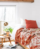 twin kantha quilt in rust and grey in warm tone wooden accents room