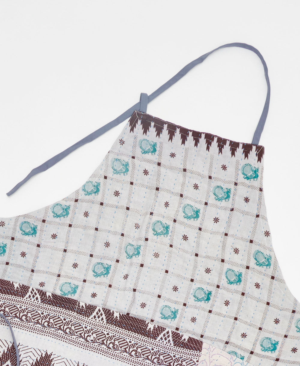 one-of-a-kind blue and brown check print adjustable apron made using vintage saris