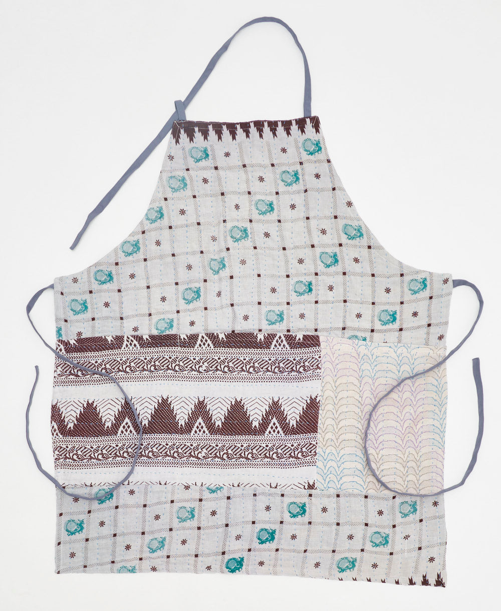 Handmade blue and brown check print  adjustable bib apron featuring kantha stitching