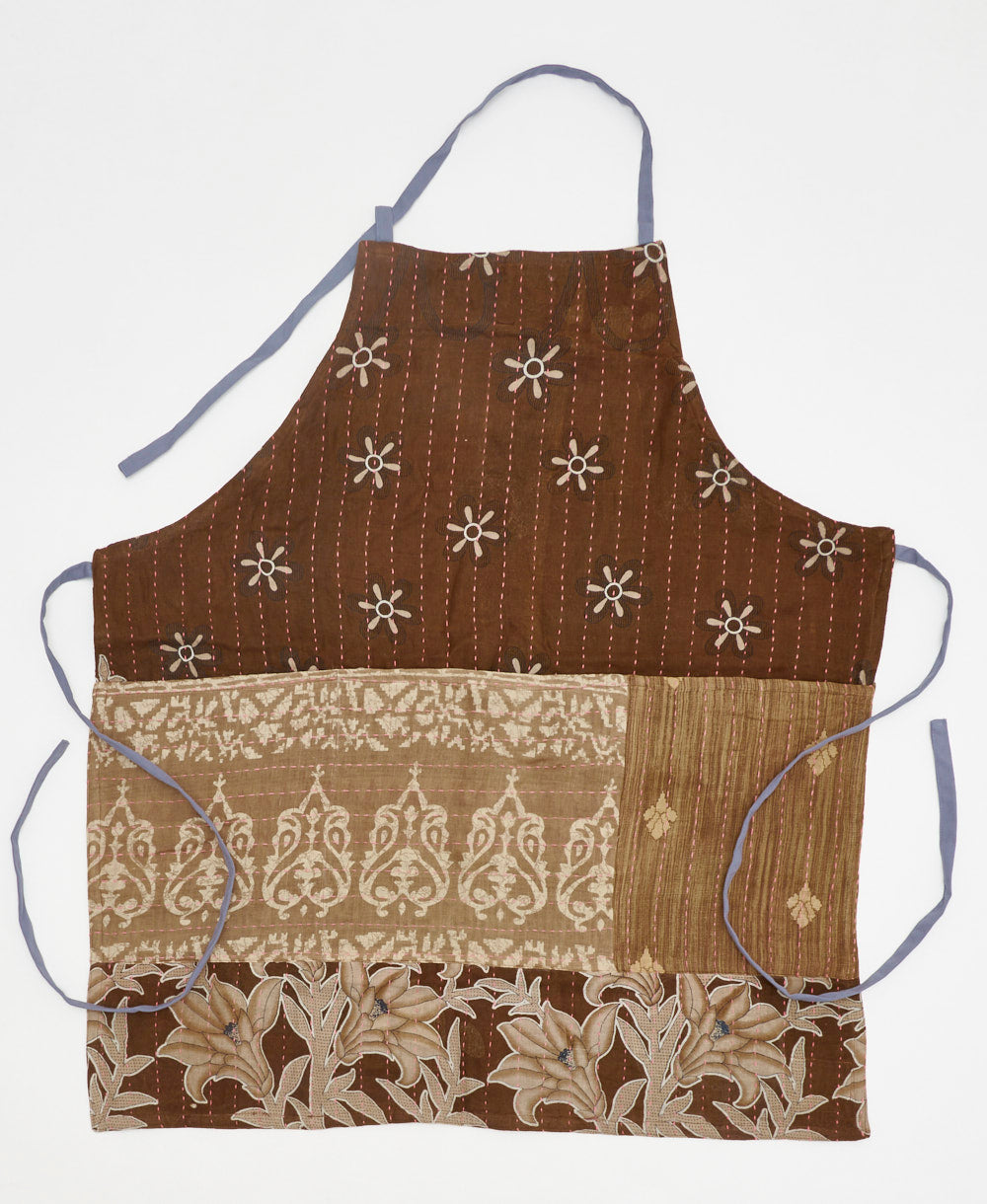 one-of-a-kind brown floral adjustable apron made using vintage saris 