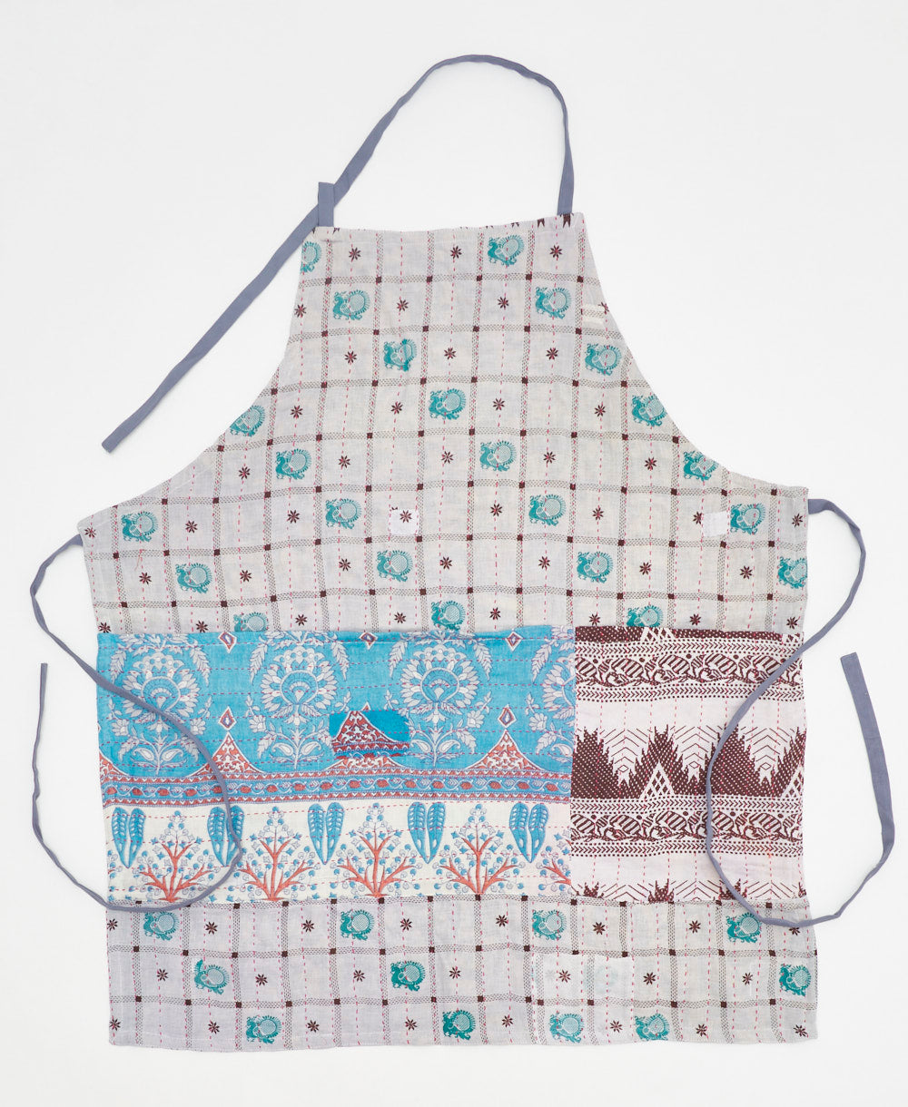 Handmade blue paisley adjustable bib apron featuring kantha stitching